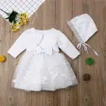 Baby Girls Princess Dress Lvory Lace Party Christening Tulle Dress Bonnet Jacket Coat Hat Set Bow